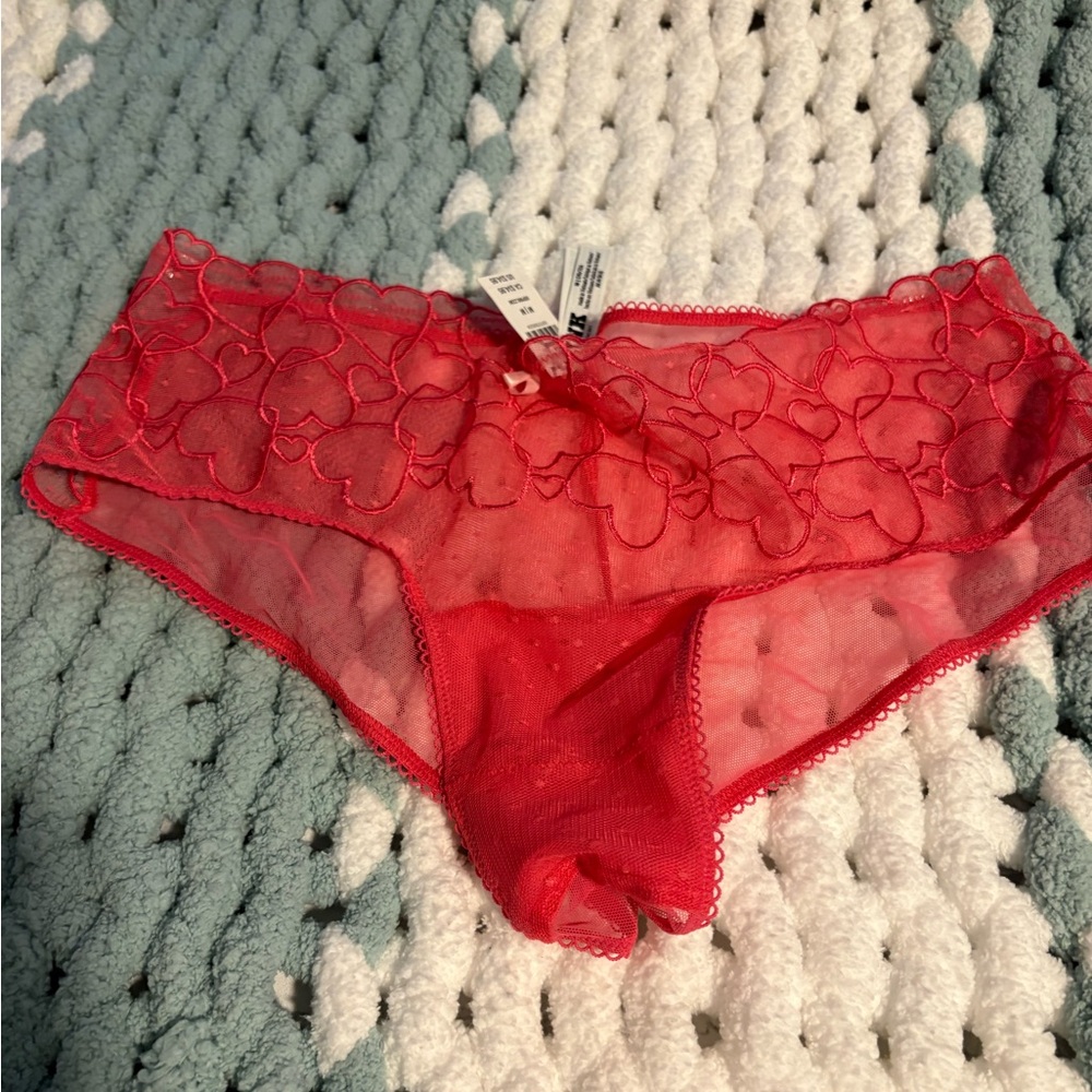 PINK Victoria's Secret Red Sheer Heart Lace Bikini Panty